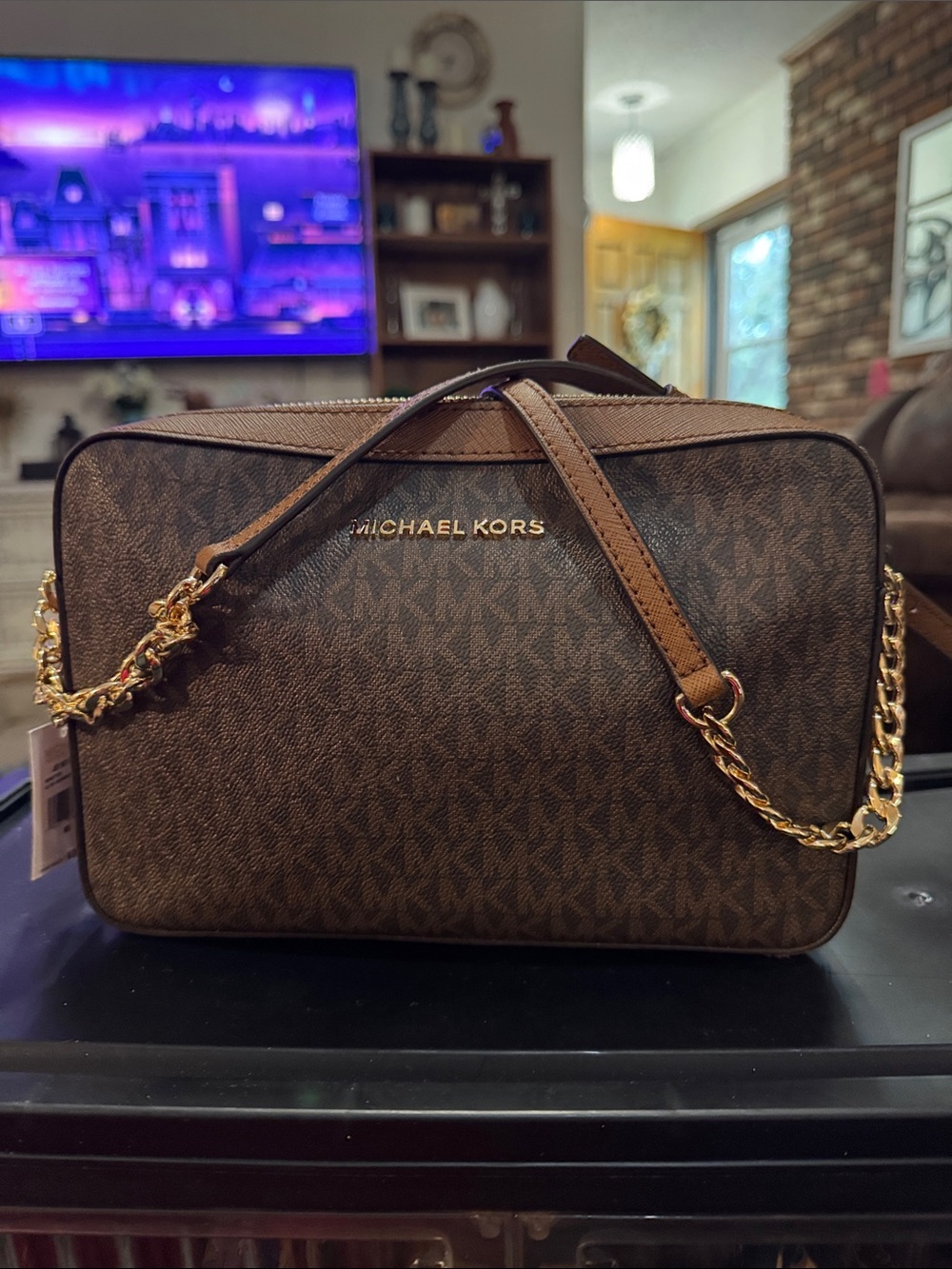 Michael Kors Brown Signature MK Logo Crossbody with Gold Chain